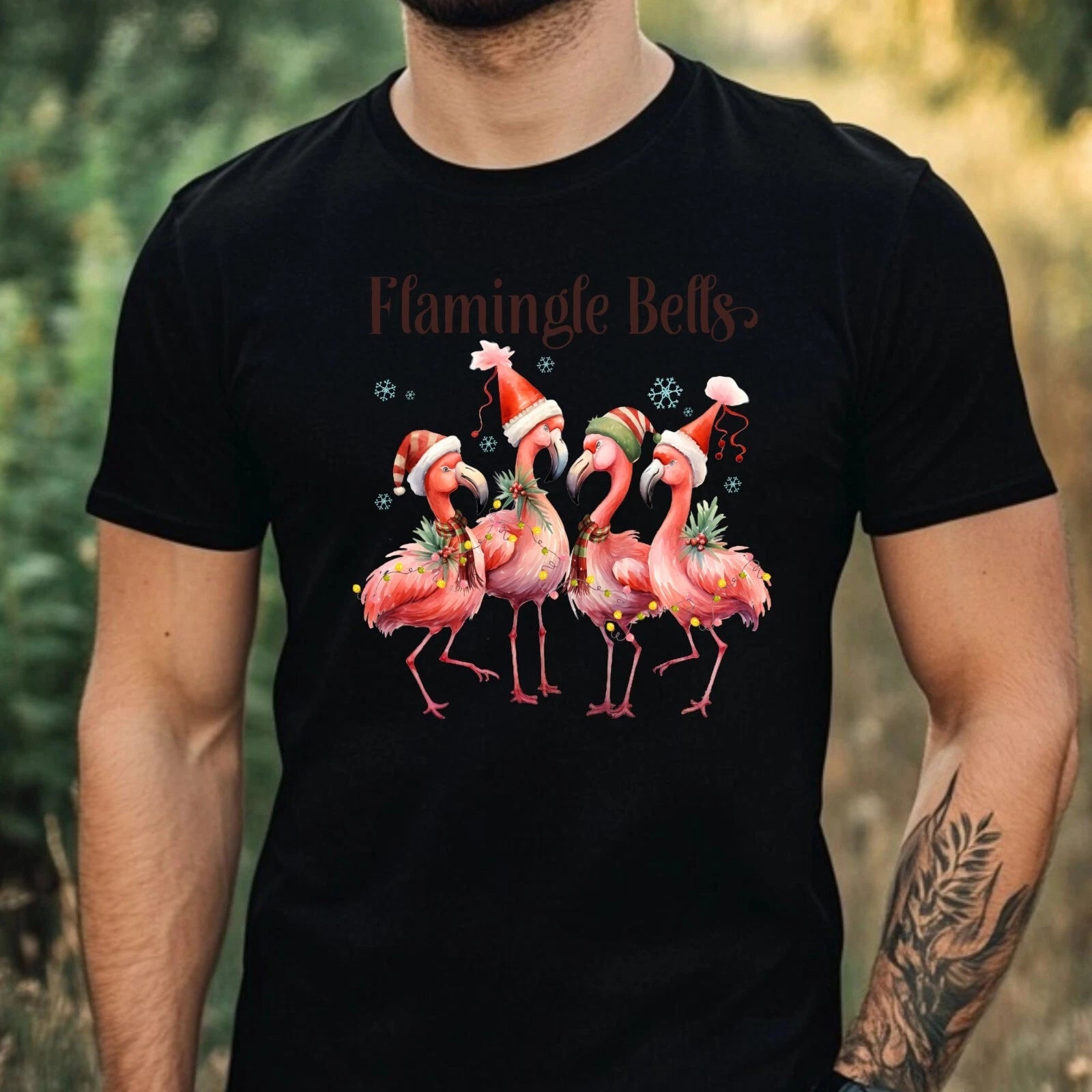 Mens Christmas Flamingo Print Cotton T-Shirt Size XS to 5XL