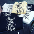 Handmade Vinyl Graphic Ts "Sweet Tea & Jesus" print in the middle of shirt.