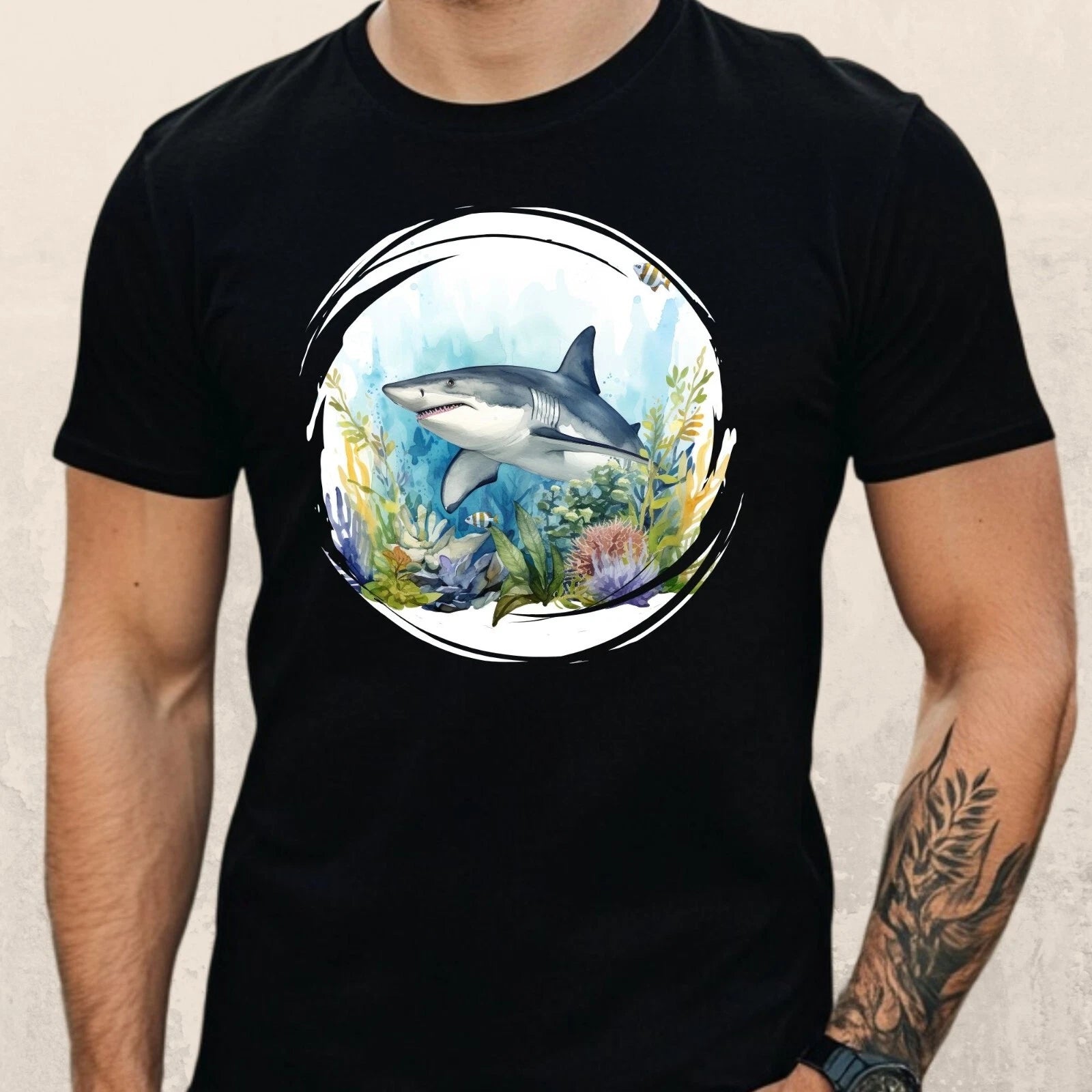 Mens Shark Watercolour Motif Cotton T-Shirt Size XS to 5XL