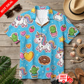 Unicorn Kawaii Men Blue Hawaiian Shirt Aloha Hearts Donuts Short Sleeve Summer