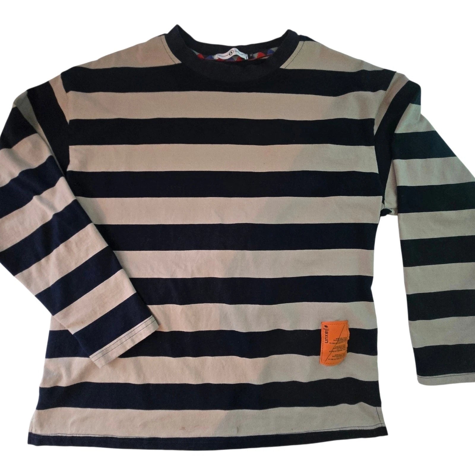 Jiaxun Striped Long Sleeve Streetwear Top Navy Tan Orange Patch Mens M Skater