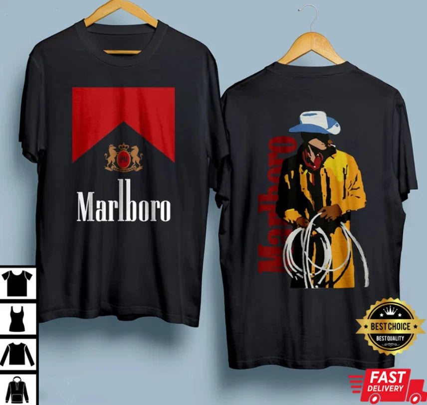 Marlboro Cowboy T-Shirt Black Vintage 90s Western Graphic Tee S-5XL