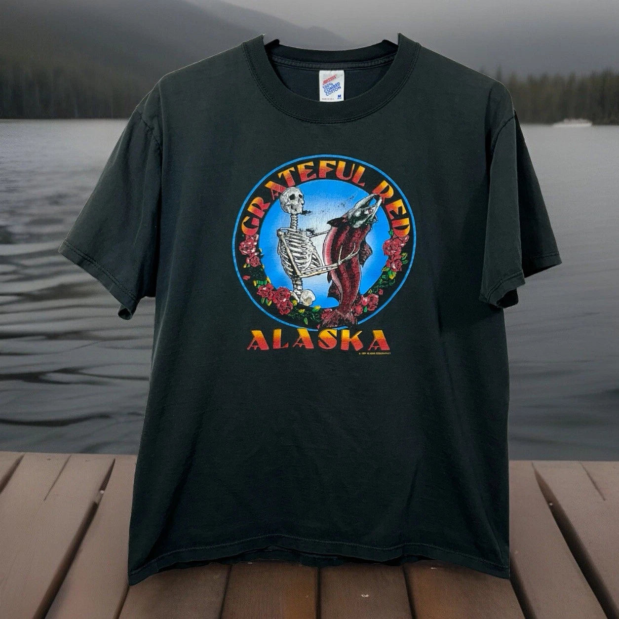 Vintage Grateful Red Alaska Fishing T-Shirt 1991 Dead Head Salmon 1991 90's Tee