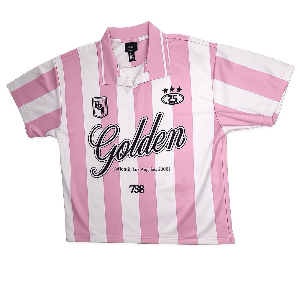 H&M Golden Soccer Style Jersey Shirt Pink White Striped Graphic Tee Size M