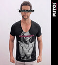 Pistol Boutique mens Fitted Black Deep V neck MARILYN MONROE GUN FINGERS T-shirt