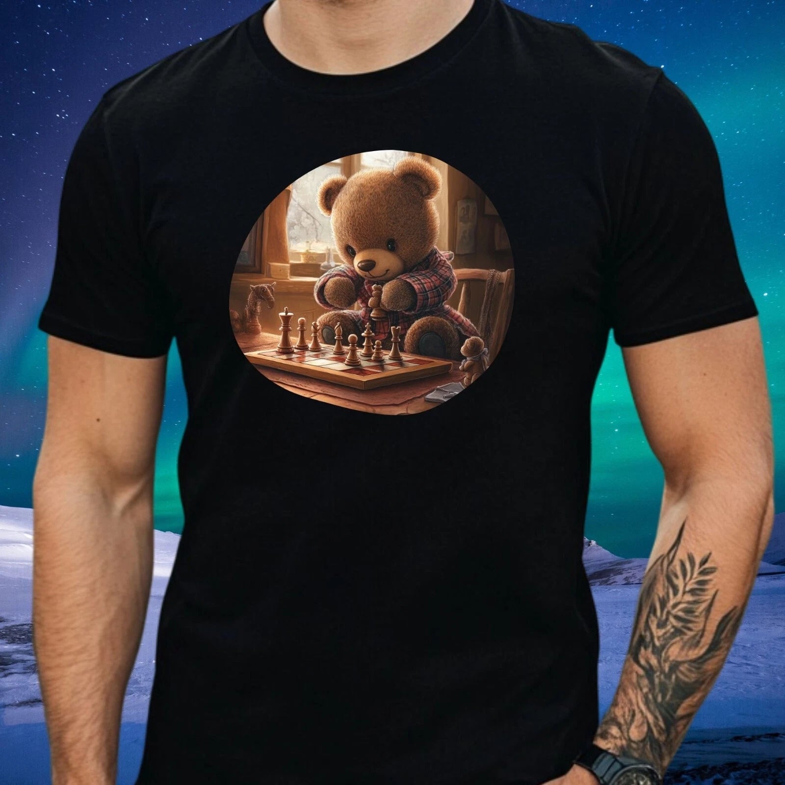 Mens Teddy Bear Plays Chess Motif Cotton T-Shirt Size XS to 5XL