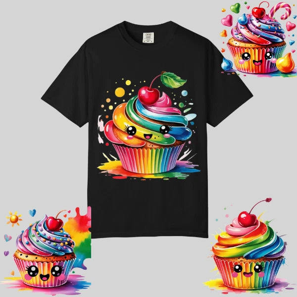 Kawaii Rainbow Cupcake Graphic T-Shirt, Comfort Colors, Unisex Streetwear Tee
