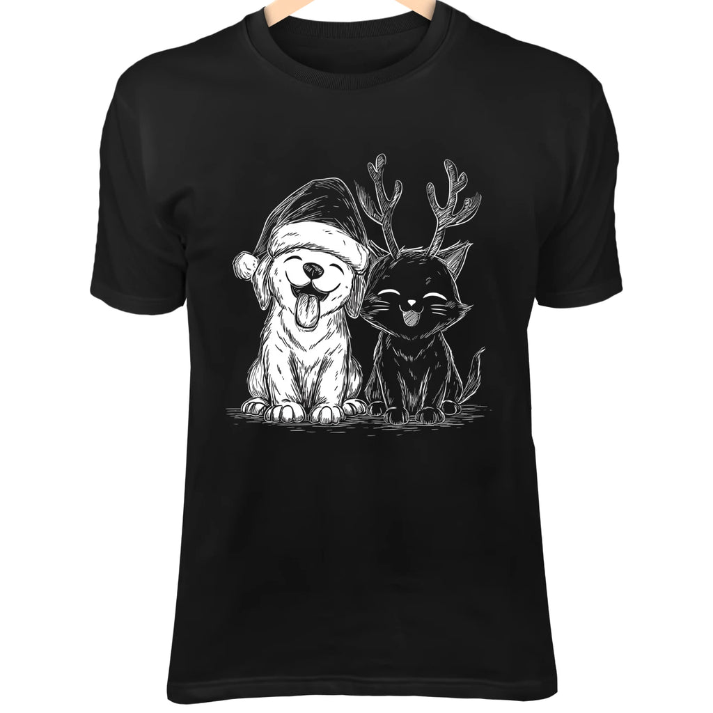 Christmas Dog & Cat Line Art - Cute Minimalist Cartoon with Santa Hat & Reindeer
