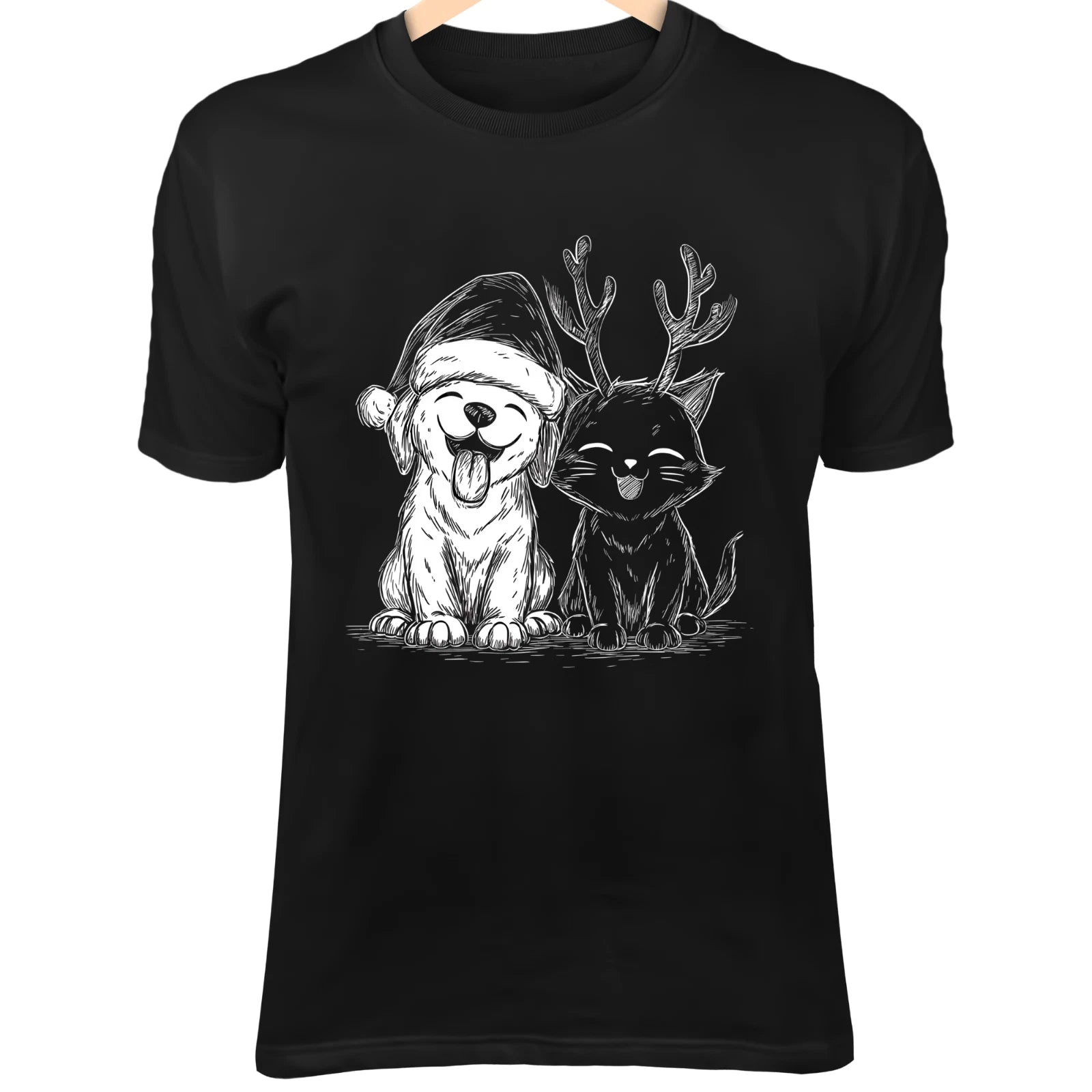 Christmas Dog & Cat Line Art - Cute Minimalist Cartoon with Santa Hat & Reindeer