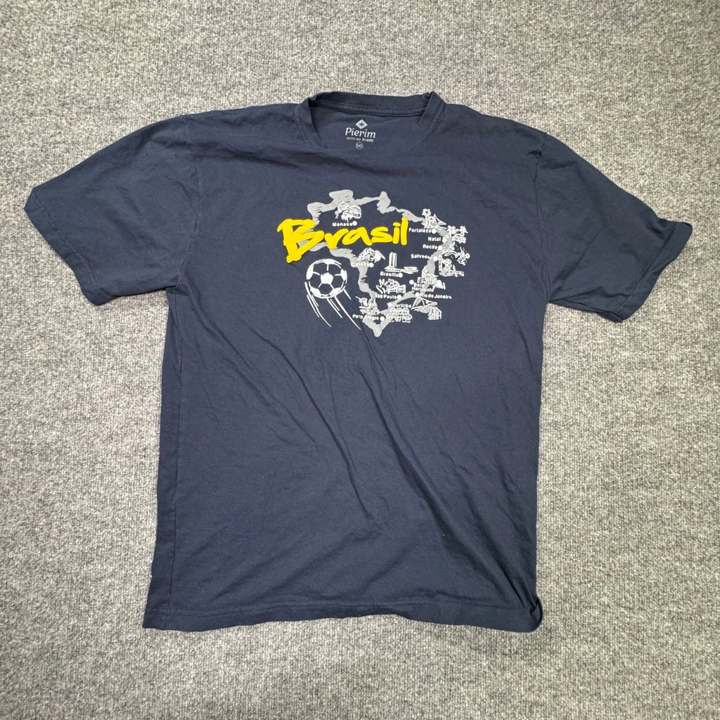 Pierim Brasil Souvenir T-Shirt Men L Navy Blue Map Soccer Ball Graphic Print Tee