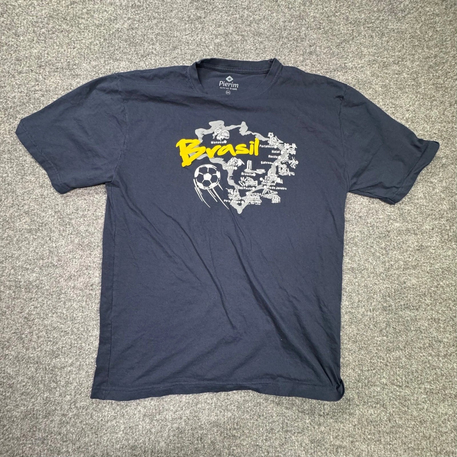 Pierim Brasil Souvenir T-Shirt Men L Navy Blue Map Soccer Ball Graphic Print Tee