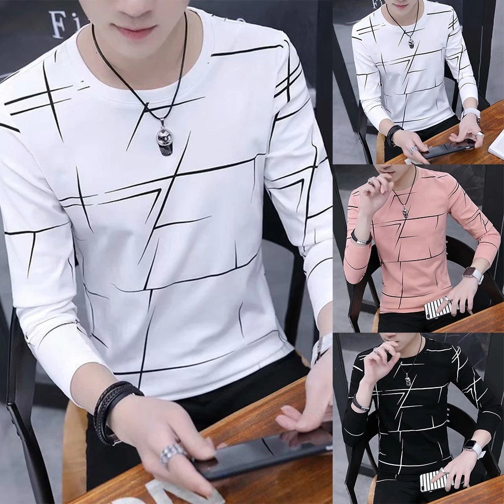 Men‘s Crew Neck Print T-shirt Blouse Pullover Long Sleeve Slim Fit Muscle Top Us