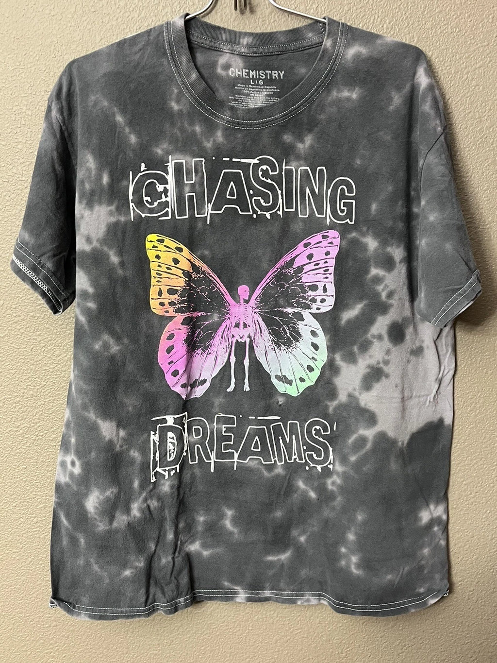 CHEMISTRY Pink Butterfly T-Shirt Adult Size Medium LG Black Tie Dye Aesthetic