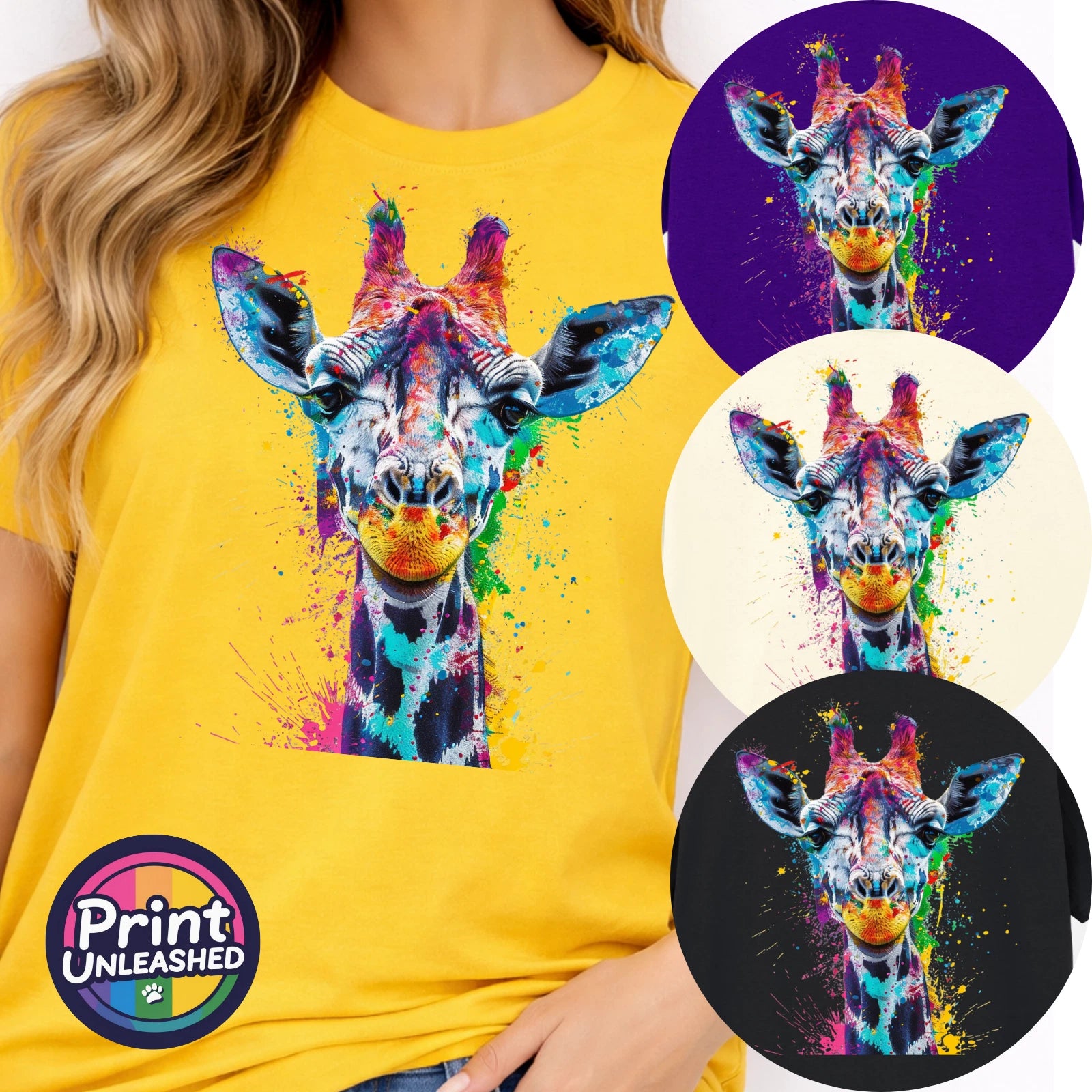 Rainbow Giraffe T-Shirt Paint Effect Print Pop Art Animal Tee Gift Unisex S-2XL