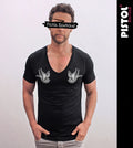 Pistol Boutique men's Black Fitted Deep V neck SHOULDER TATTOO SWALLOWS T-shirt