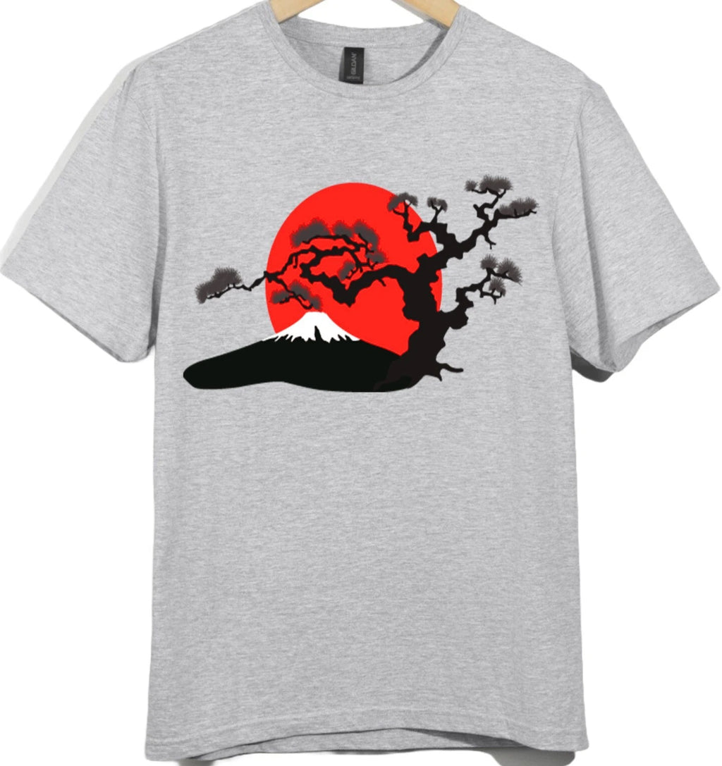 Bonsai Tree Mountain T-Shirt Rising Sun Asian Art Zen Nature Graphic Print Tee.