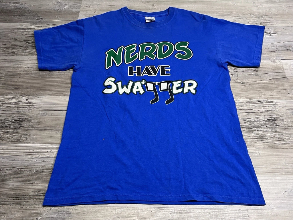 Vintage Y2K Funny Graphic T-Shirt Nerds Have Swagger Short Sleeve Blue Mens Sz M