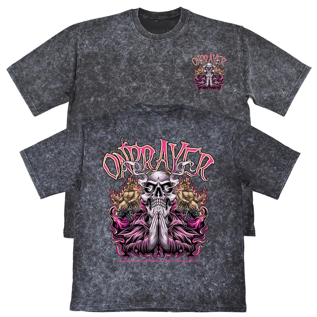 On Prayer Mens Carbon Grey Heavyweight 240gsm Vintage T-Shirt Skull Gift For Him