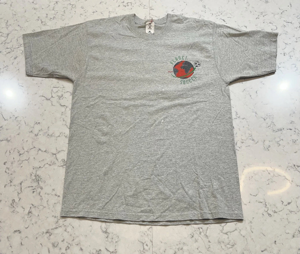 Planet Soccer Graphic T-Shirt Gray Large World Globe Soccer Ball Tee