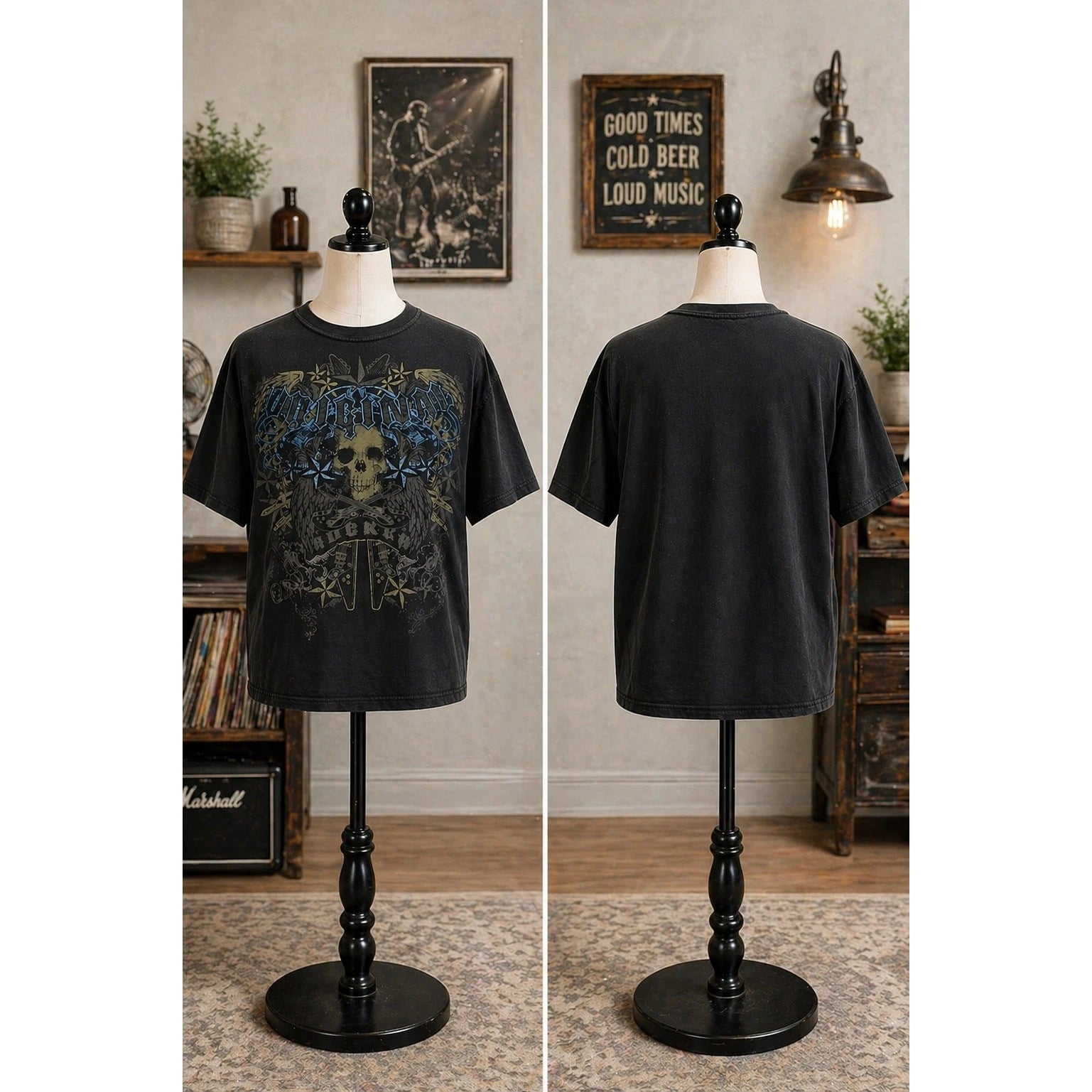 Y2K Skull Graphic Tee XL Black Grunge Rock Biker Faded Vintage Style
