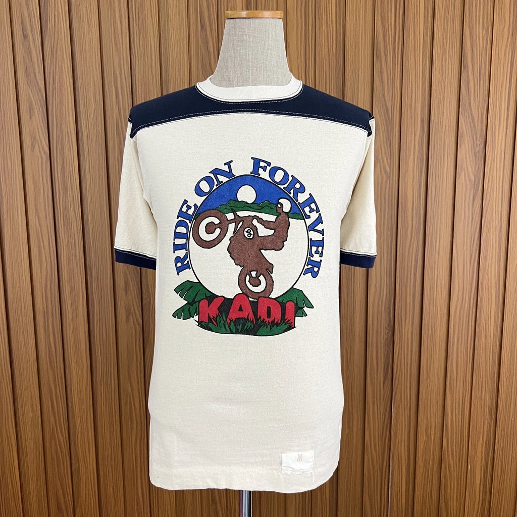 Vintage 70s-80s Velva Sheen Ride On Forever KADI Motorcycle Ringer T Shirt USA