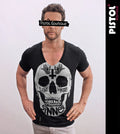 Pistol Boutique Mens Fitted Black Deep V neck SINNER SWALLOW CROSS SKULL T-shirt
