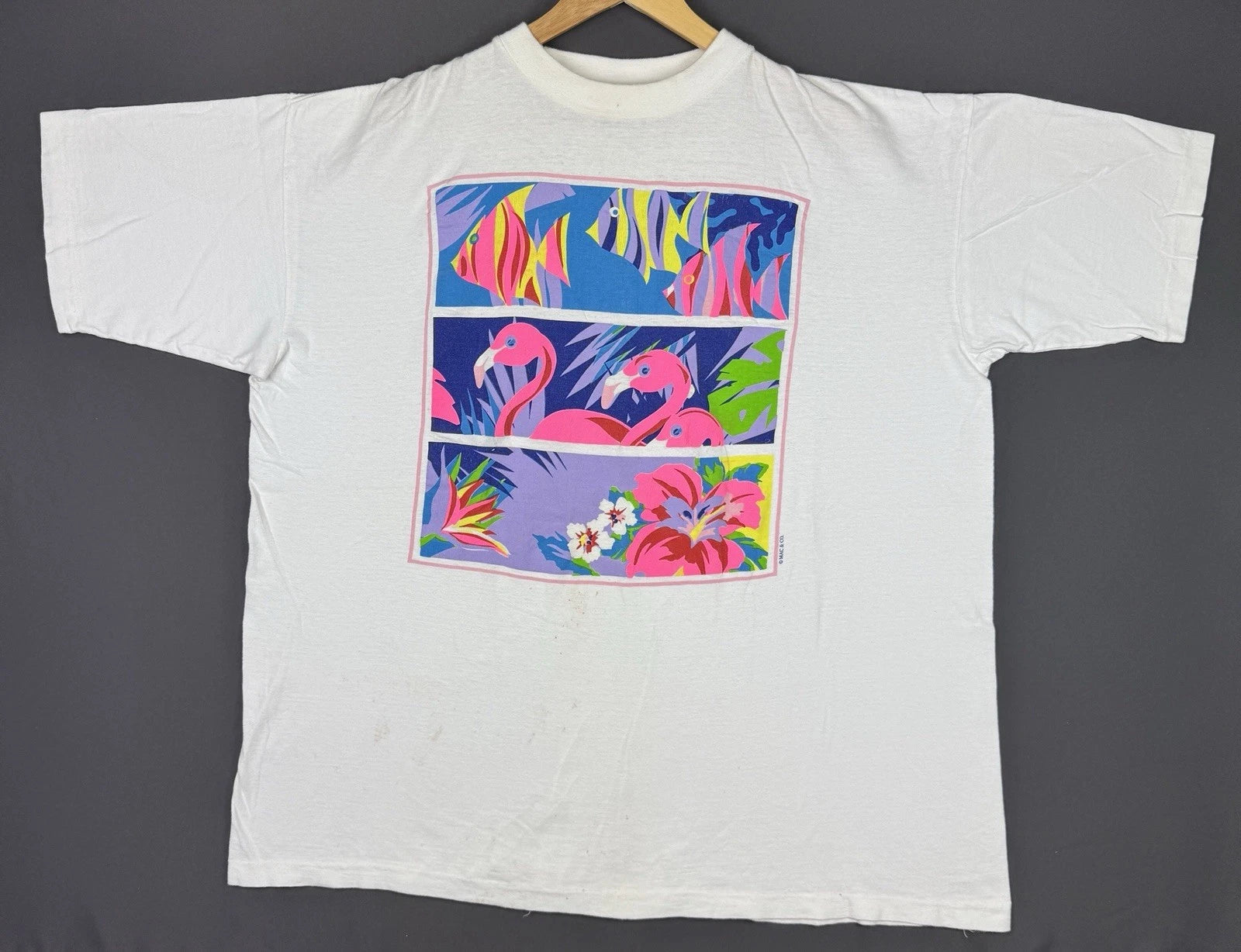 Vintage Art Fish Flamingo Flower Color White Shirt Rare Painting Design Tee