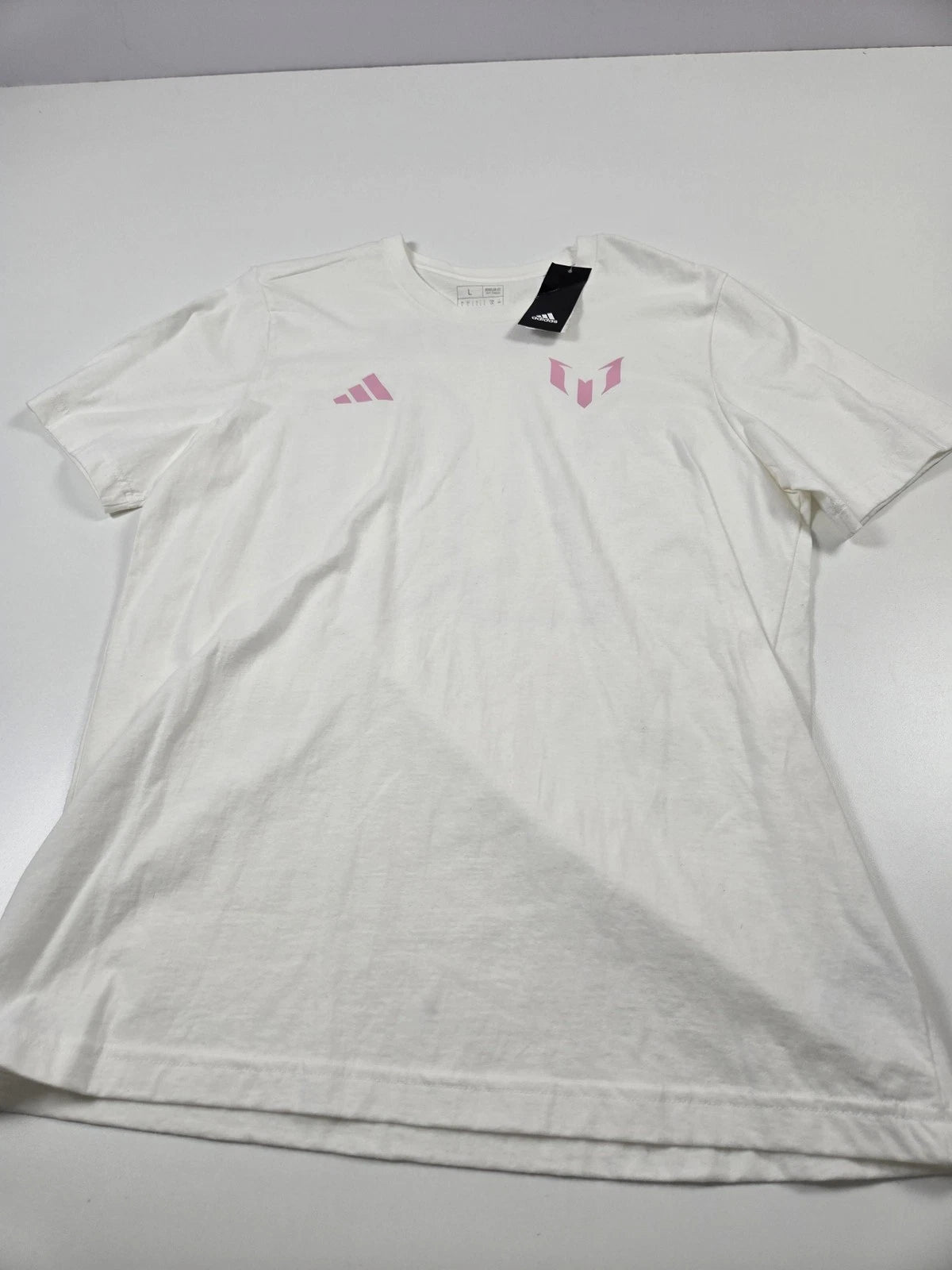 Adidas Messi 10 Shirt Mens Large White Pink Graphic Soccer Tee JF4289 Football
