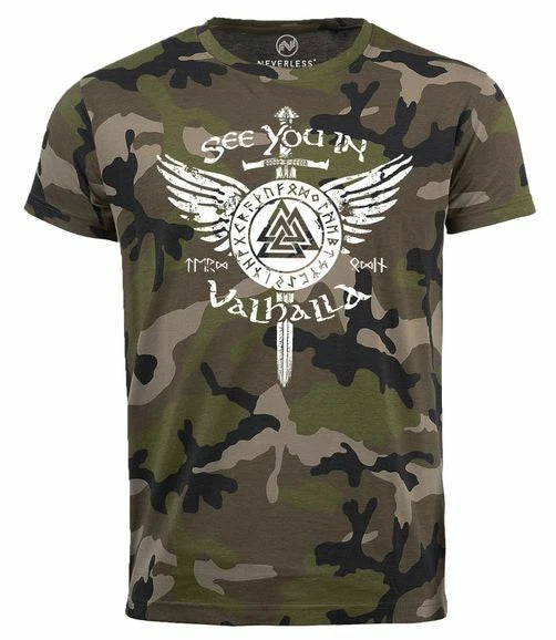 Men's See You in Valhalla Sword Runes Odin Vikings Camo Shirt Camo