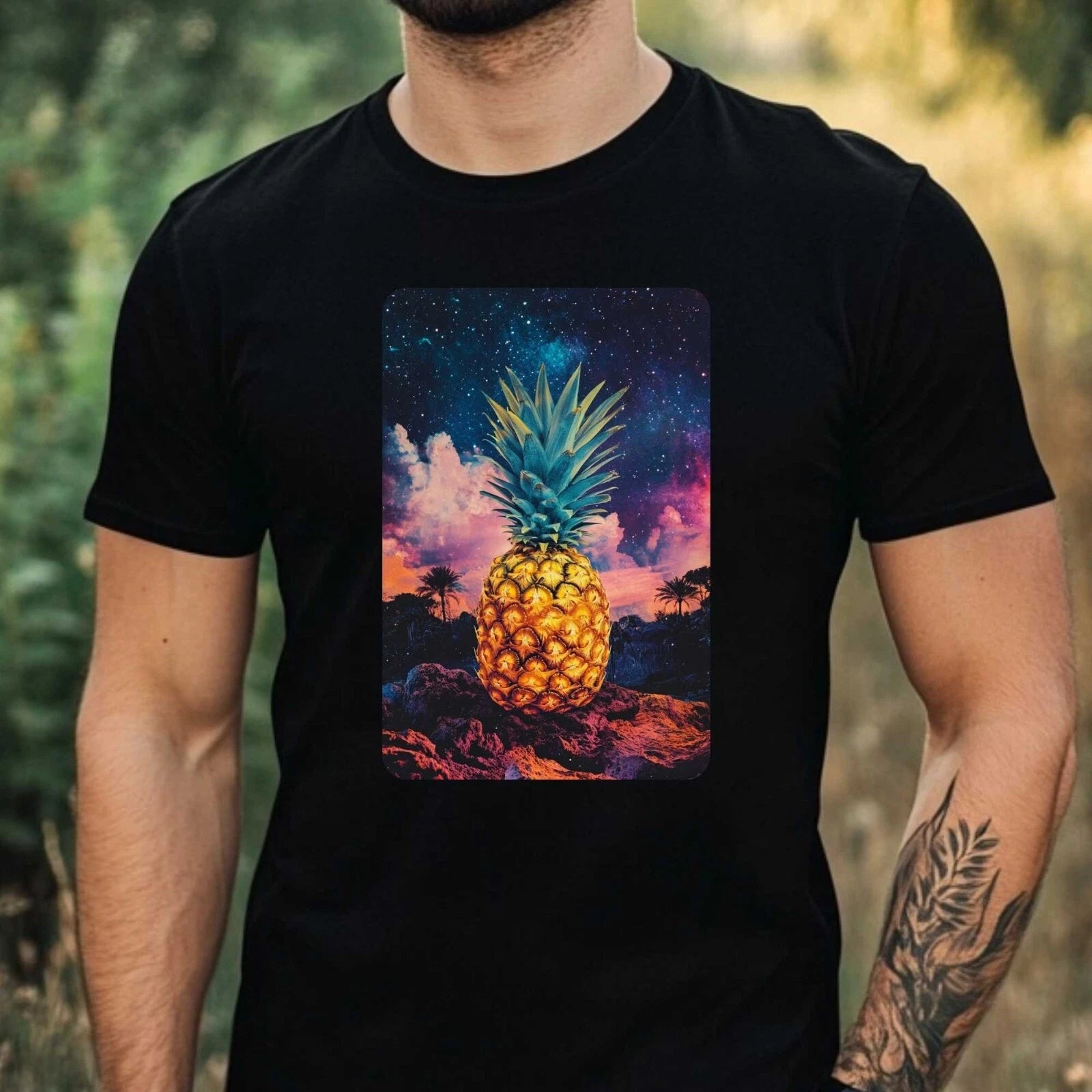 Mens Pineapple Galaxy Motif Cotton T-Shirt Size XS to 5XL