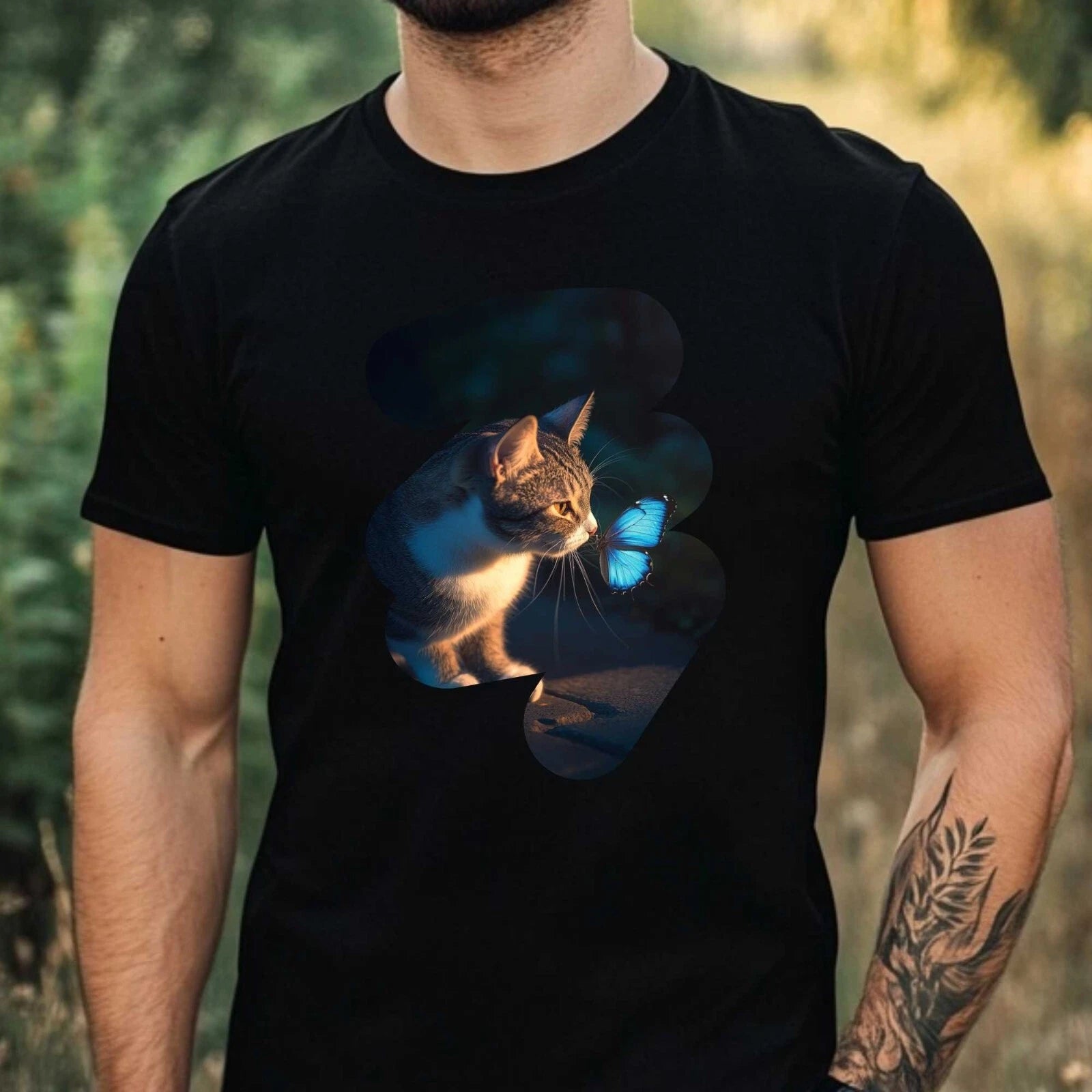 Mens Cat and Butterfly Print Cotton T-Shirt Size XS to 5XL