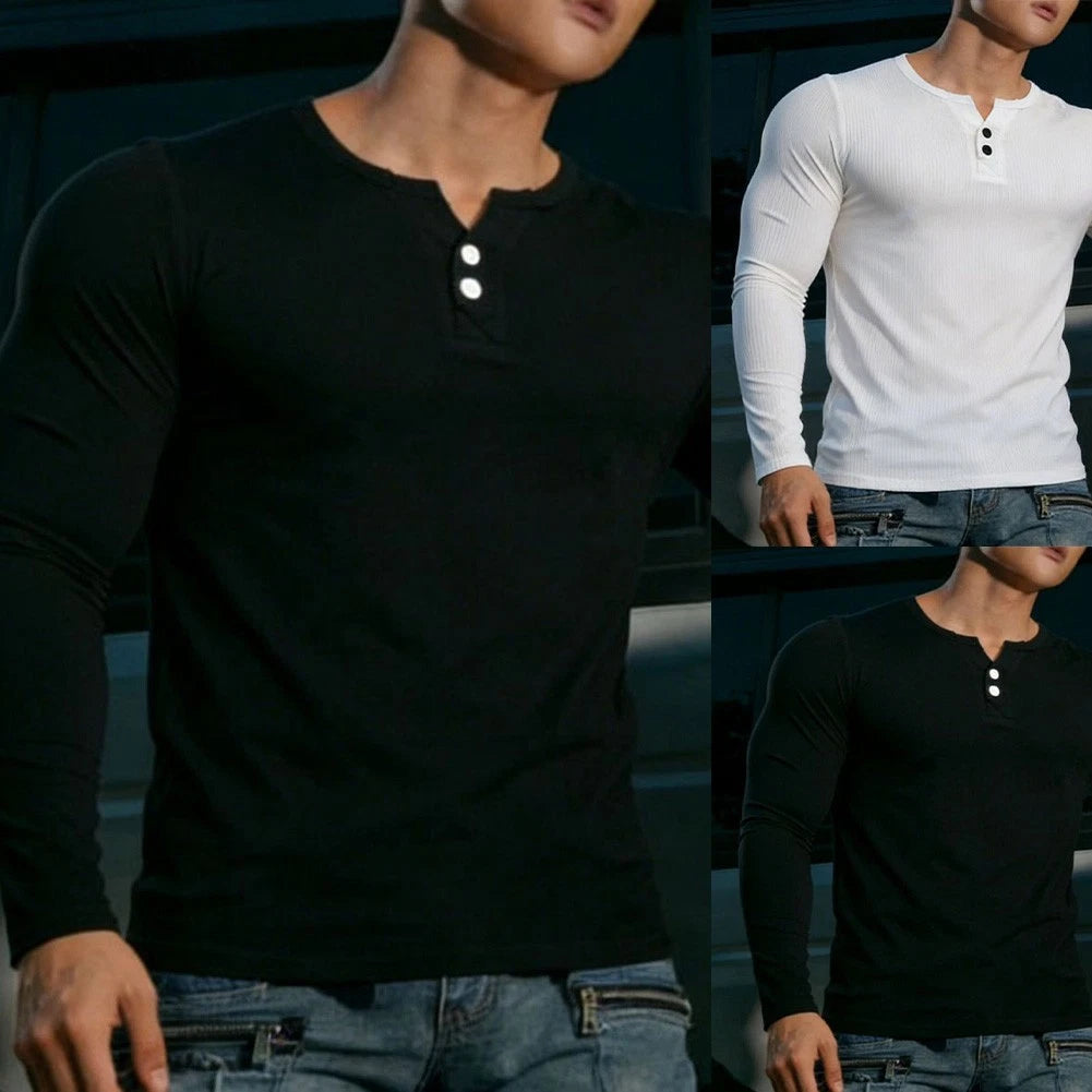 Men's Slim Fit V Neck Long Sleeve T-Shirt Solid Color Casual Top Lightweight