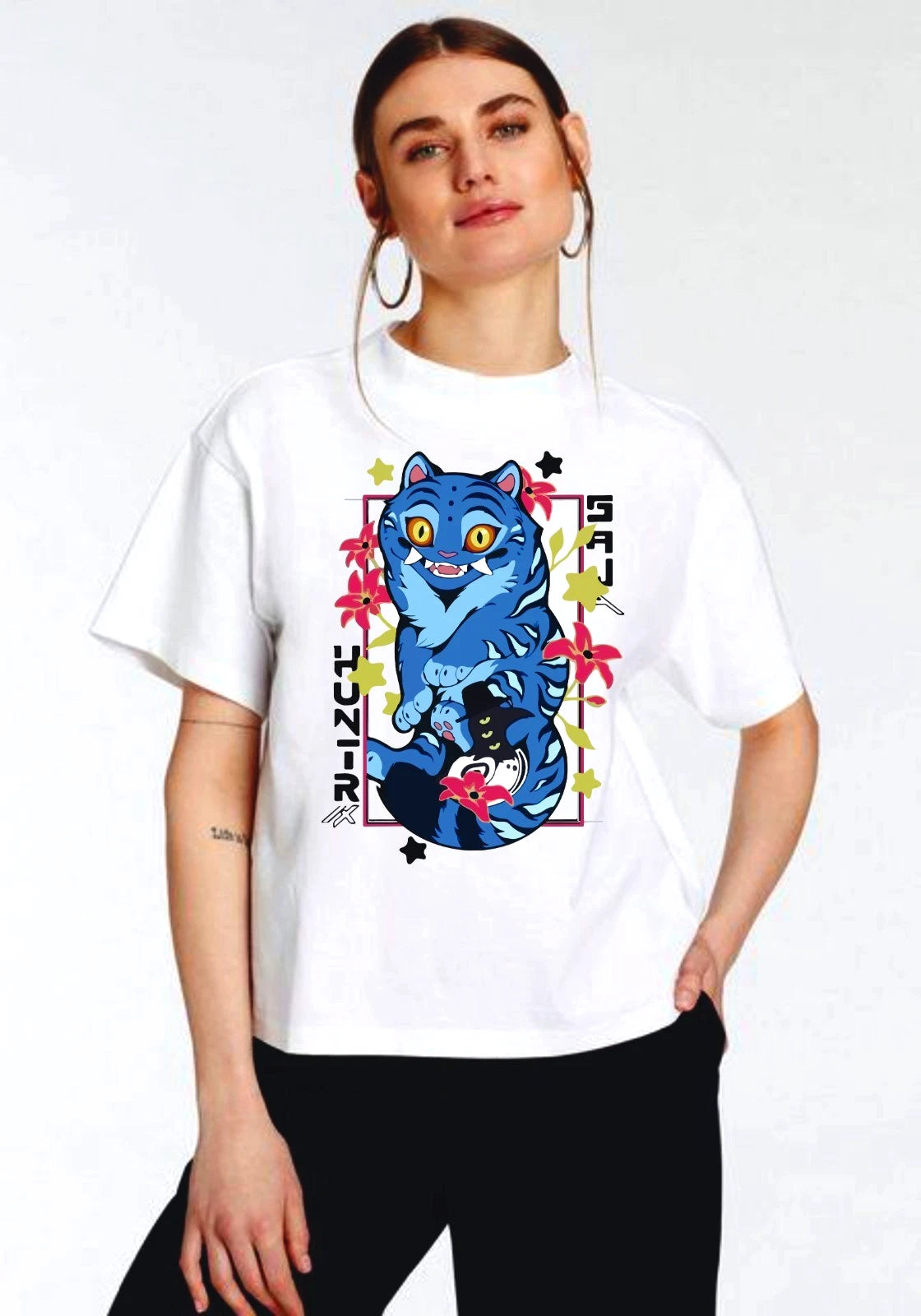 Kawaii Style Blue Tiger Graphic T-Shirt - Kpop Anime Casual Tee Top For Unisex