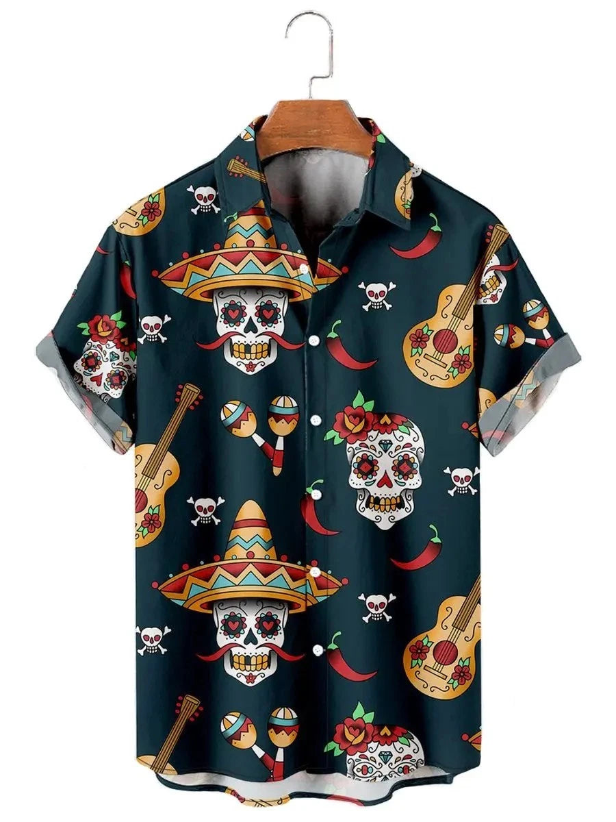 Mens Button Down Mexican Sugar Skull Hawaiian Shirt Fiesta Party Novelty Gift