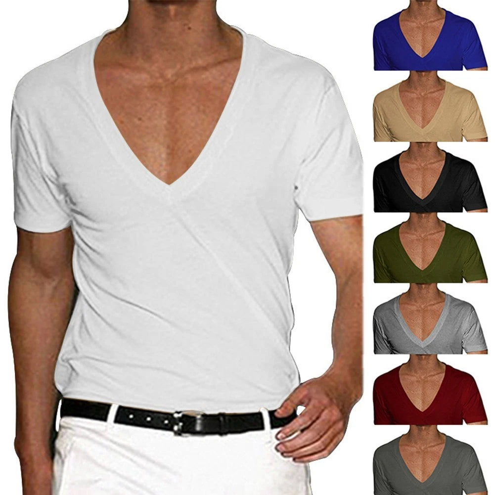 Male T-Shirt T-Shirt Tee Tops Comfortable Deep V Neck Elastic Gym Male