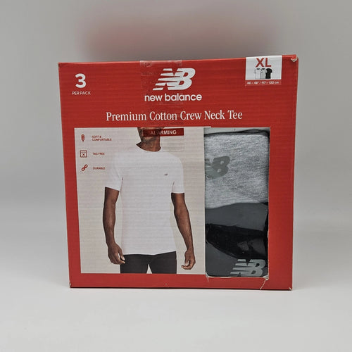3 Pack NEW BALANCE Mens S M L XL White Gray Black Crew Neck Cotton Logo T Shirts