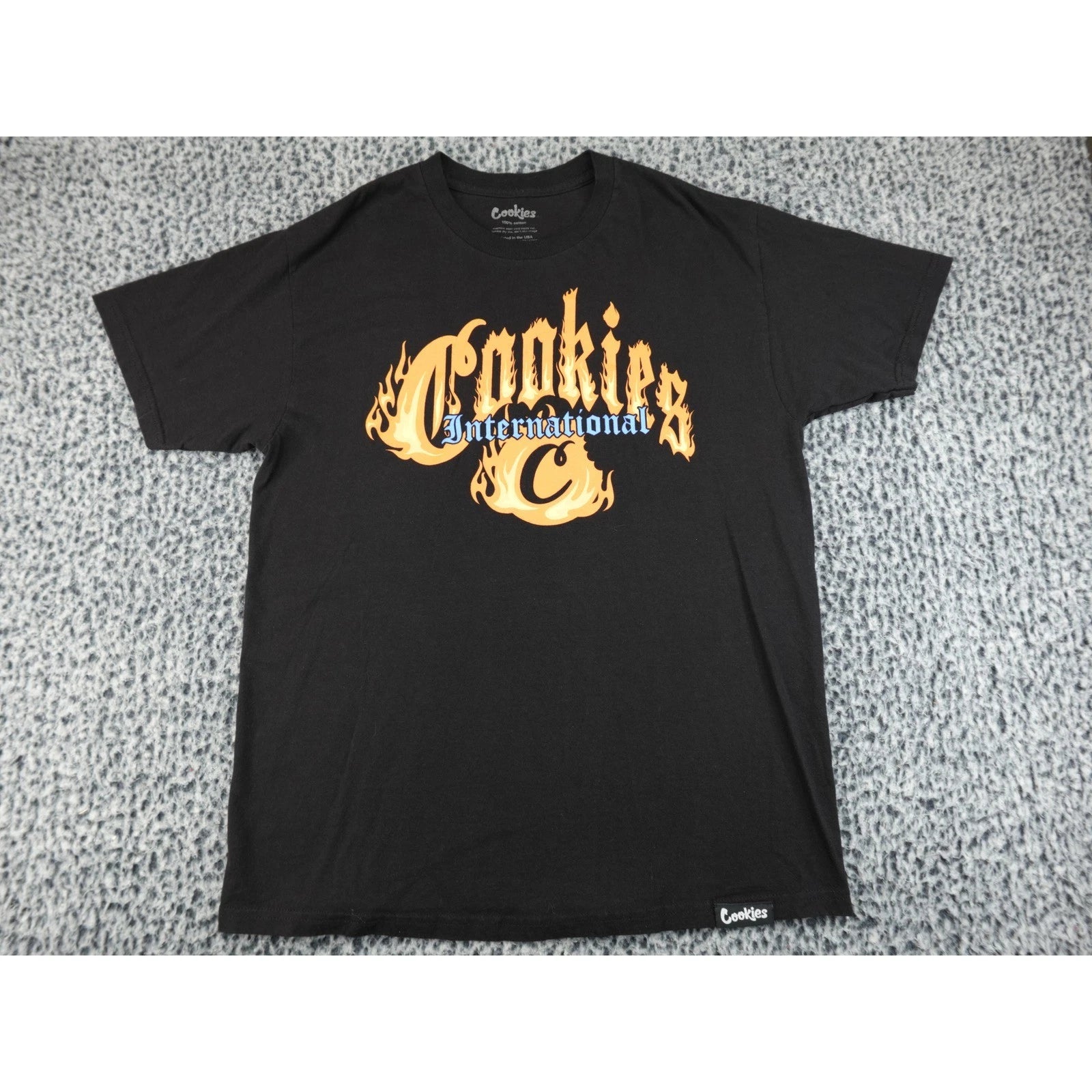 Cookies International T-Shirt Mens Large Black Flame Graphic Streetwear Tee L
