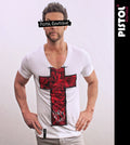 Pistol Boutique Men's Fitted White Deep V Neck Pink Cross Print T-Shirt