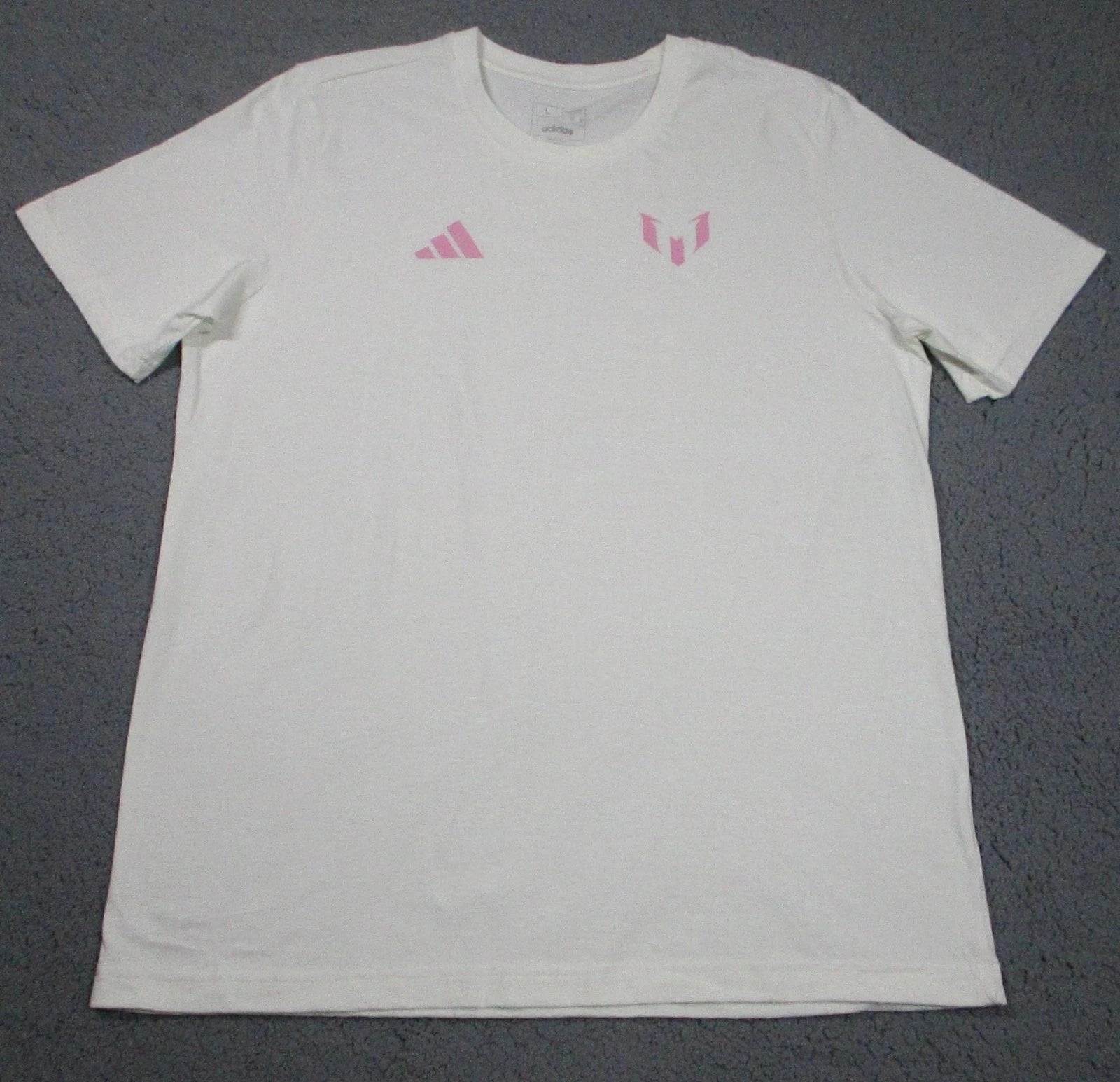 Adidas Messi 10 Shirt Mens Large White Pink Graphic Soccer Tee Crewneck Top