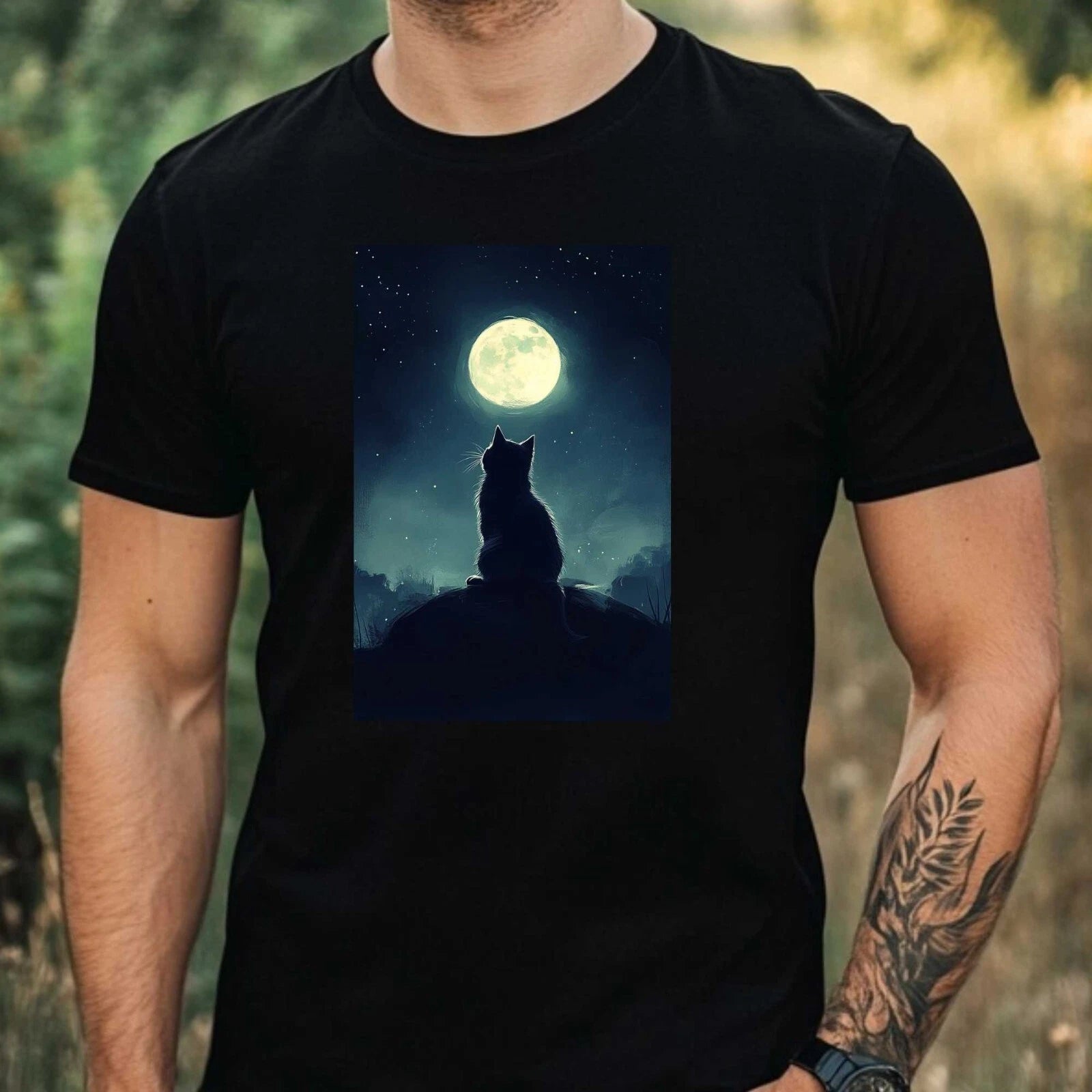 Mens Cat In The Moonlight Motif Cotton T-Shirt Size XS to 5XL