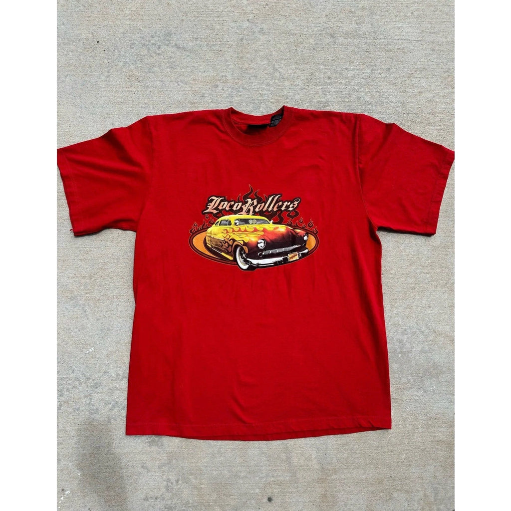 No Boundaries Vintage Men’s Loco Rollers T-Shirt Red Glittery Car Graphic L Y2K