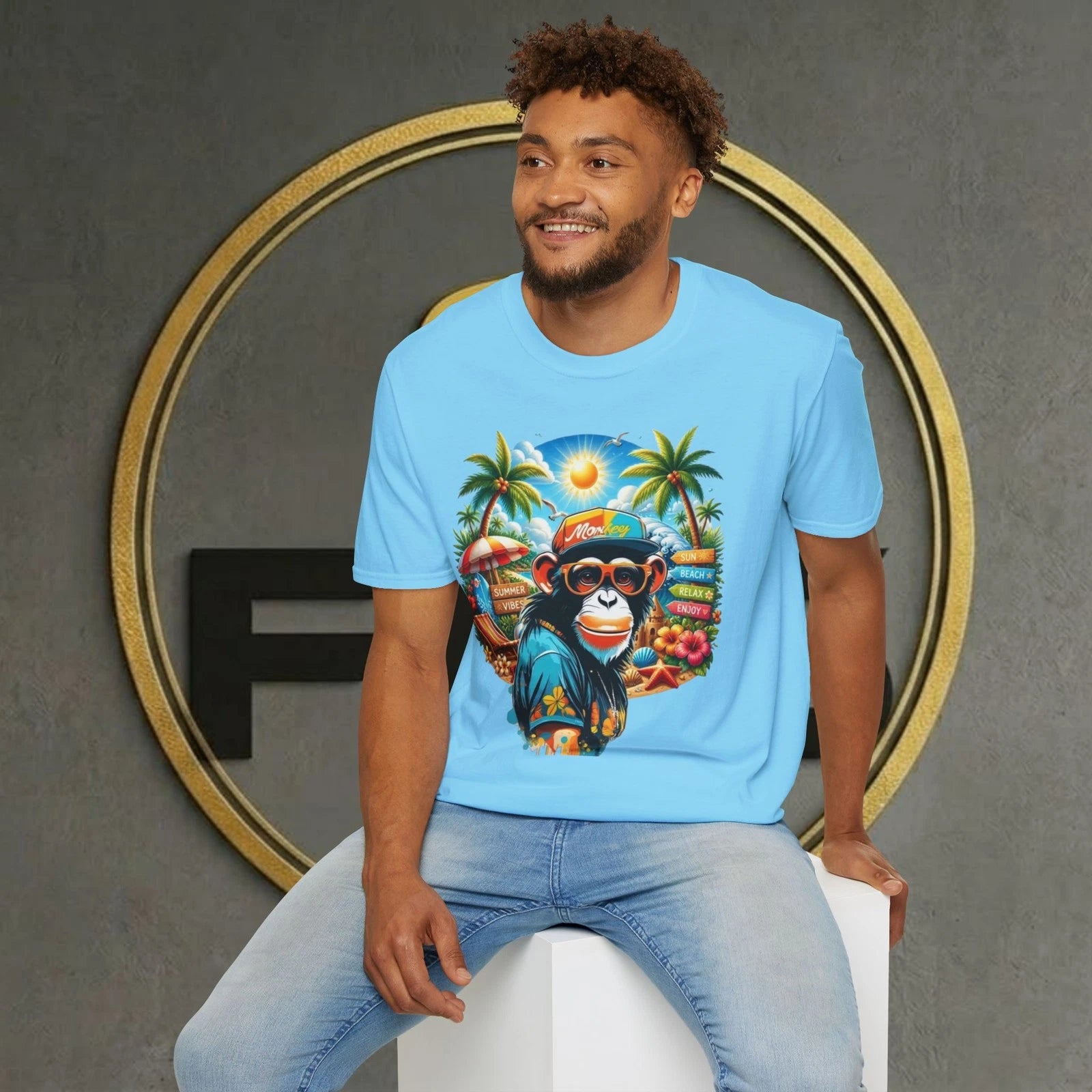 Cool Monkey Summer Vibes Unisex Softstyle T-Shirt 15 COLORS Design by FES