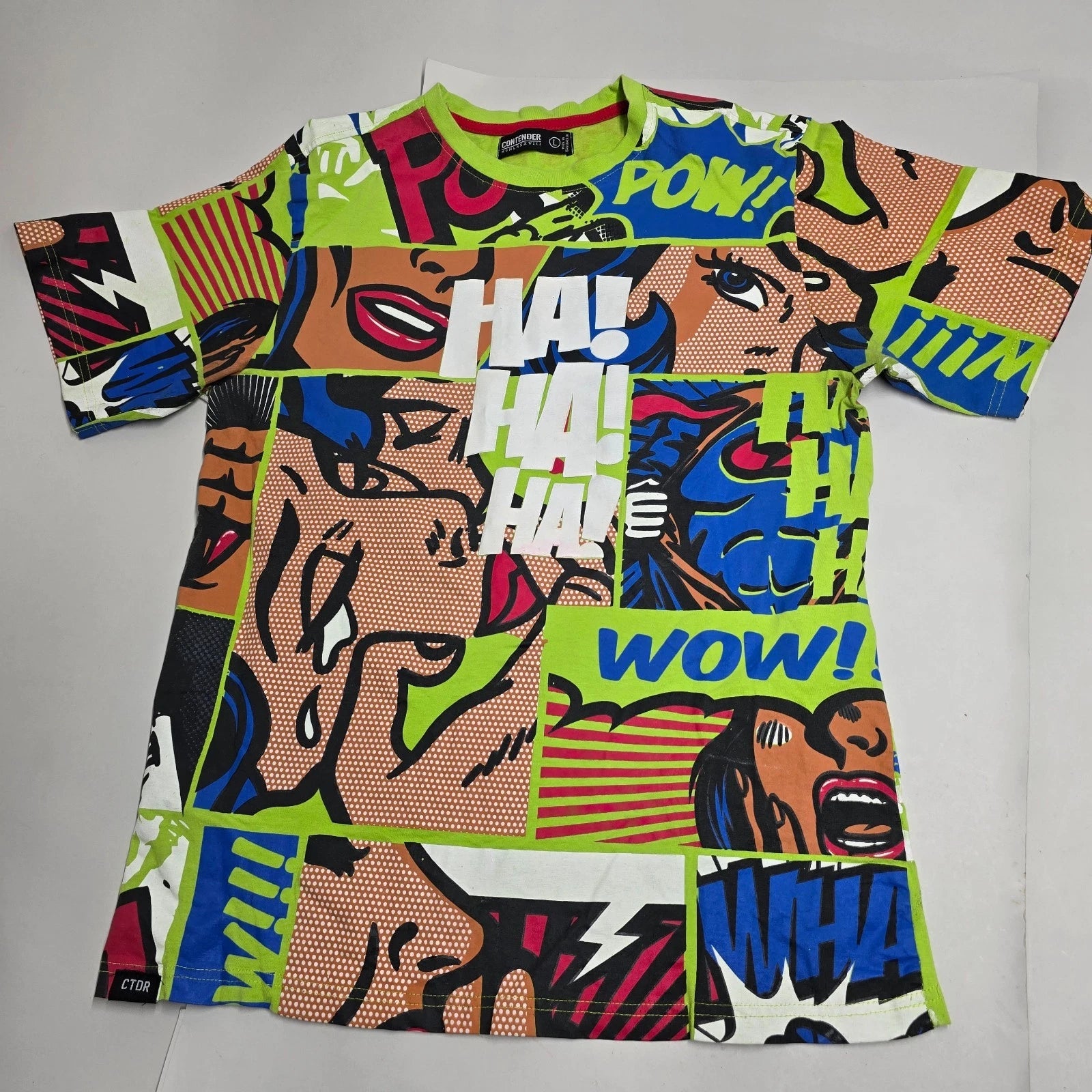Contender Lime Green Pop Art Graphic T-Shirt Large Comic Book Ha Ha Ha