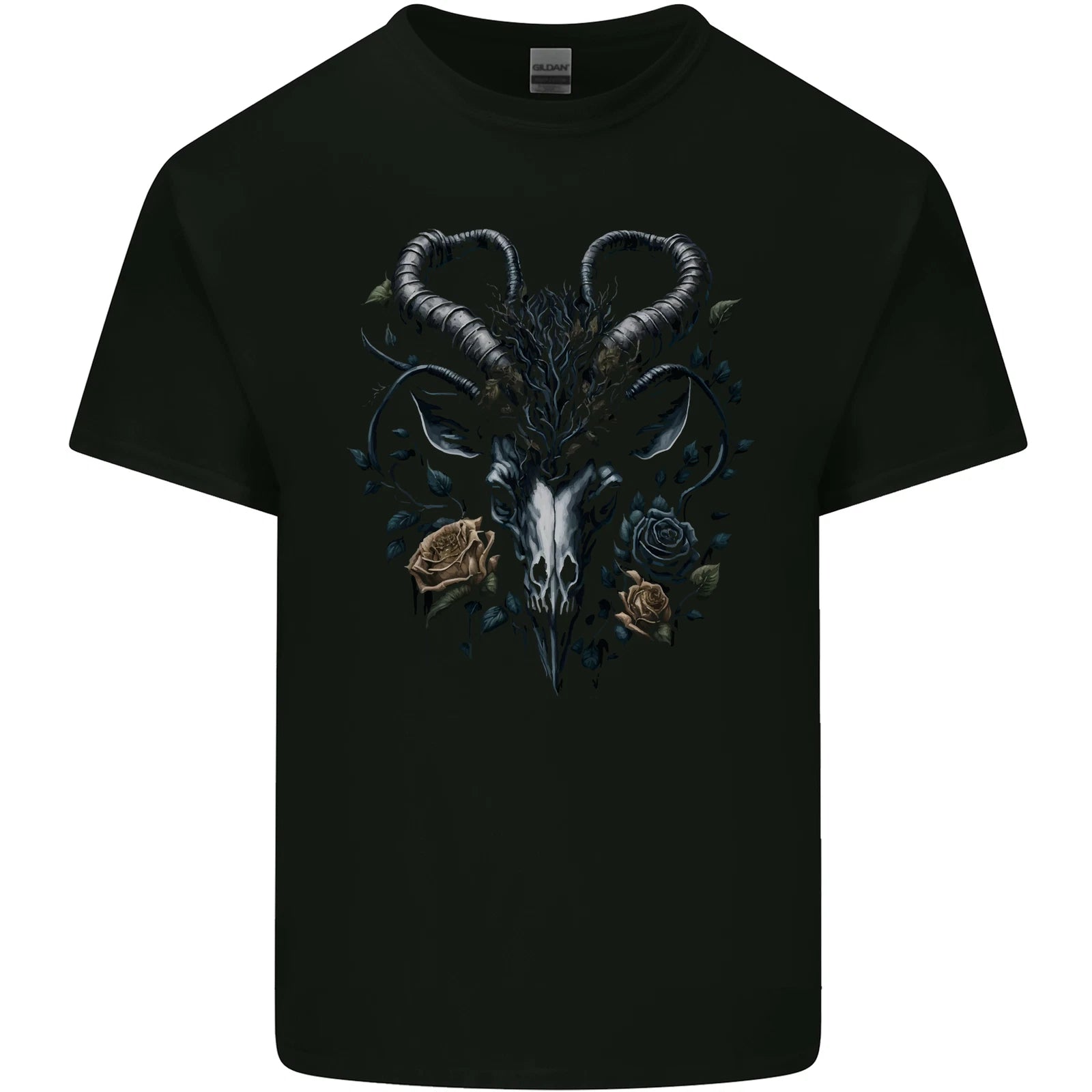 A Gothic Goat Skull With Flowers Goth Roses Mens Cotton T-Shirt Tee Top