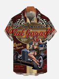 Mens Button Down Pinup Girl Garage Graphic Hawaiian Top Novelty Holiday Shirt