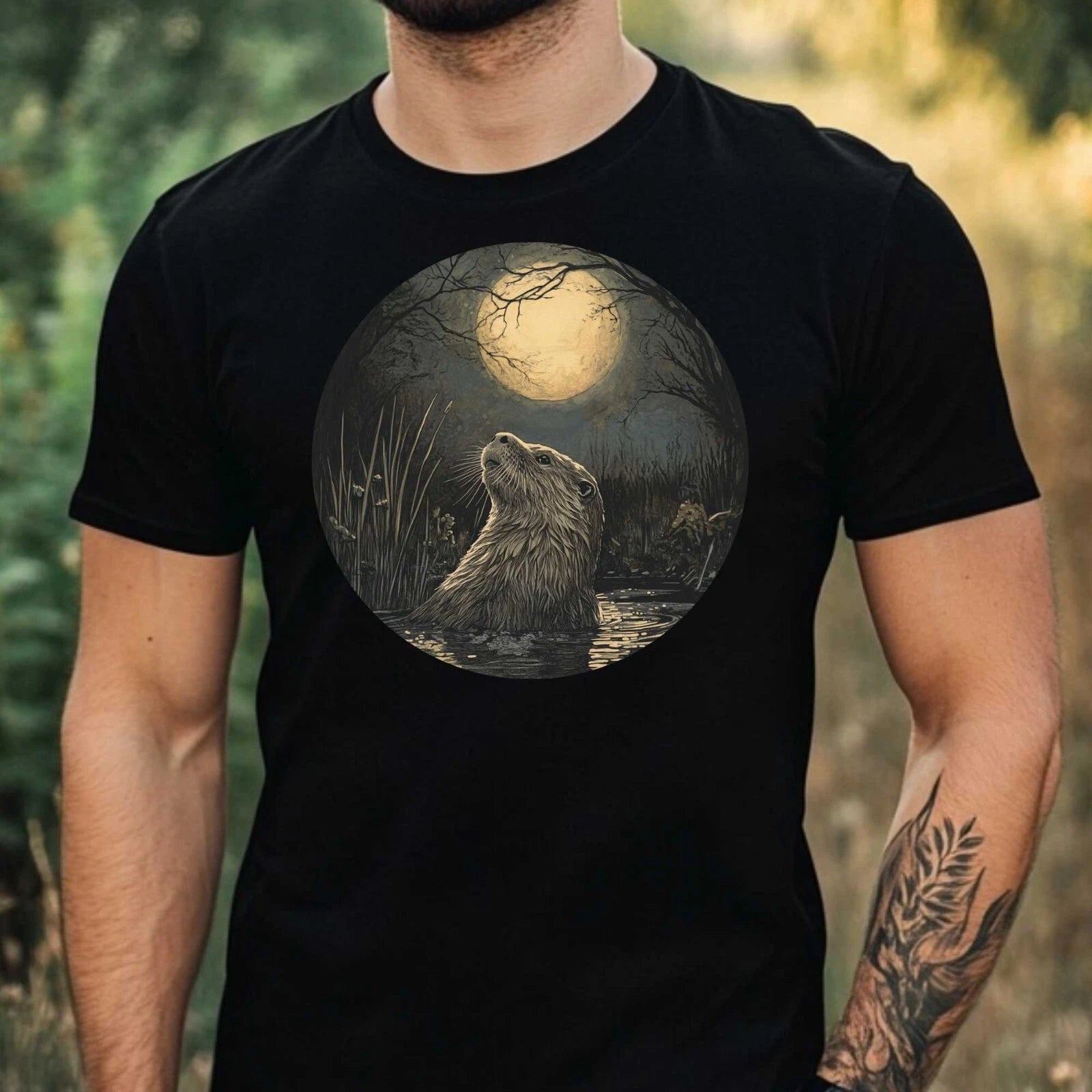 Mens Otter In The Moonlight Motif Cotton T-Shirt Size XS to 5XL