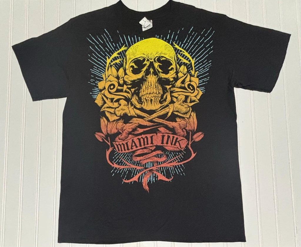Vintage 2000s Y2K Miami Ink Skull Grunge Graphic Tee Size L Skater Black Anvil