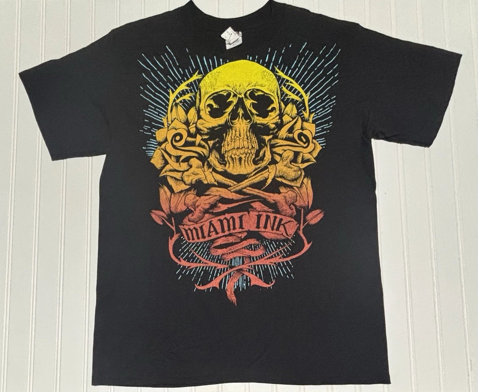 Vintage 2000s Y2K Miami Ink Skull Grunge Graphic Tee Size L Skater Black Anvil