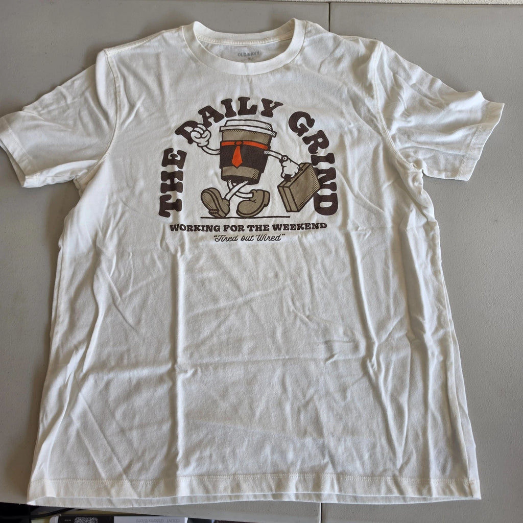 The Daily Grind Shirt by Old Navy Coffee Cup Graphic Cream Color Adult Size M