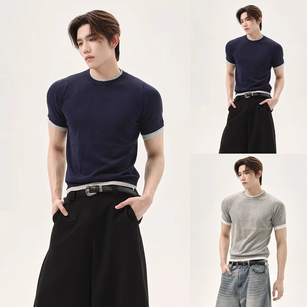 Men Knit T-shirt Casual Wear Daily Wear Summer Knitted Splicing Short Sleeve